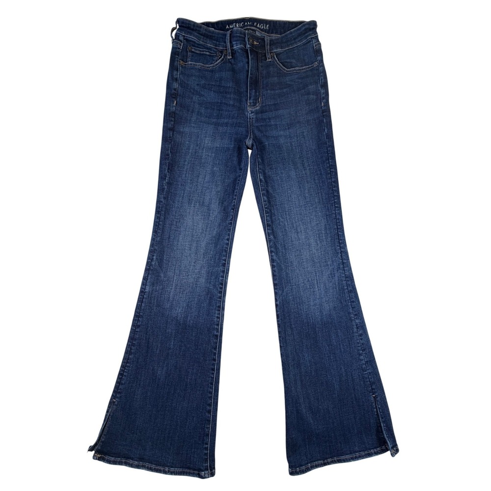 American Eagle Super Hi-Rise Flare Dark Wash Side Slit Jeans Size 6 Regular